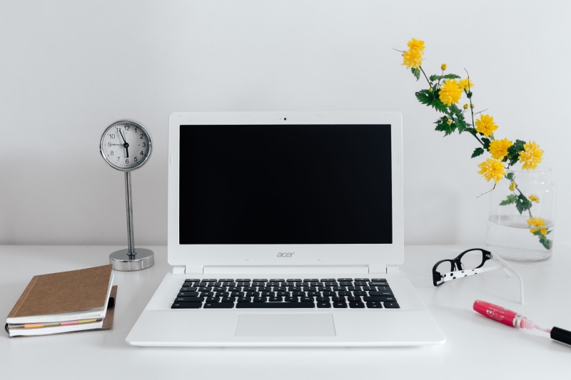 furniture, minimalist, table, no people, white laptop, computer monitor, wireless technology, keyboard, contemporary, clock, scandinavian, study, indoors