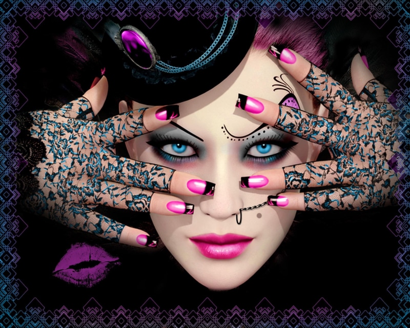 woman, pink, lipstick, 3d and abstract, affair, gloves, hands, love, blue eyes, 1080P, drawing, gothic, face, fishnet
