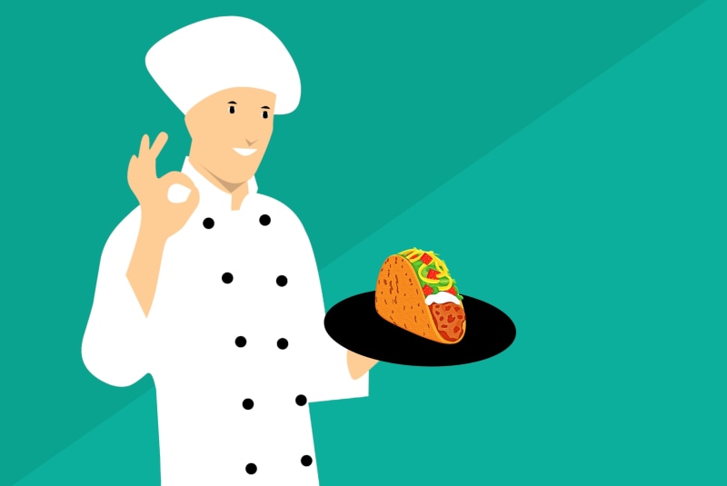 occupation, food, emotion, cook, happiness, front view, profession, smiling, cartoon, colored background, smile, cheerful, character, restaurant, happy