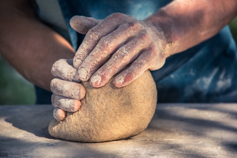 bread, dirty, real people, flour, close-up, sunlight, occupation, grain, 5K, wheat, kneading, outdoors, working, effort, work, food, day, body part, craft