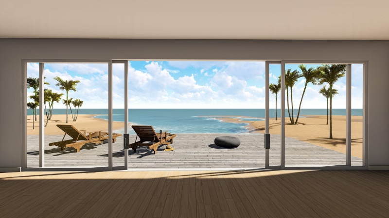 modern, way out, horizon, indoors, tranquility, flooring, sea, architecture, tropical, sun, beauty in nature, island, paradise, possibility, house, sunlight