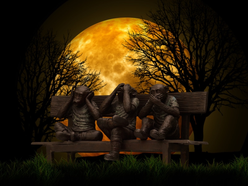 monkeys, art and craft, male likeness, talk, bench, moonlight, outdoors, artwork, art, monkey, built structure, say, nature, wise, sky, bank, brown, architecture