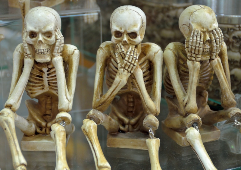 halloween, comical, hear no evil, skull, white, happy, the past, dead, body part, anatomy, close-up, fun, bones, 4K, wise, figurine, corpse, history, scary