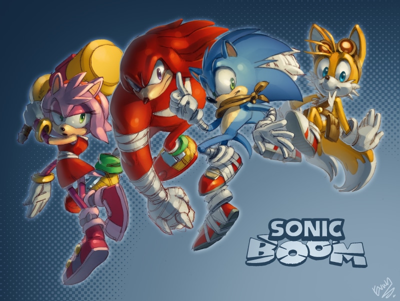 Tails (character), human representation, art and craft, creativity, Knuckles, multi colored, Sonic Boom, colored background, no people, blue background