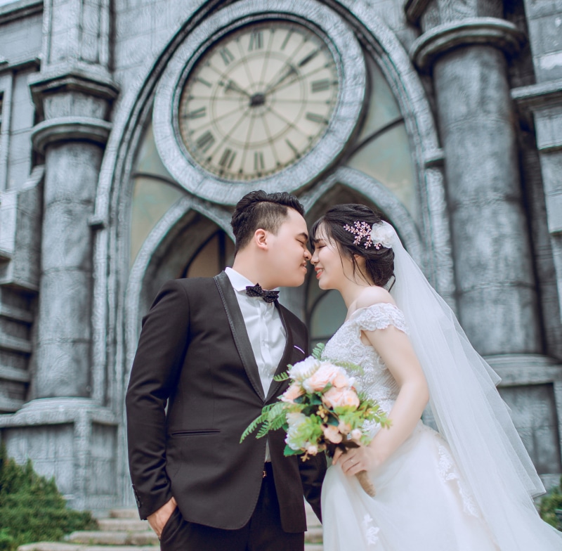 romantic, church, engagement, romance, white dress, commitment, young adult, Bride and Groom, groom, celebration, people, couple, veil, together, love