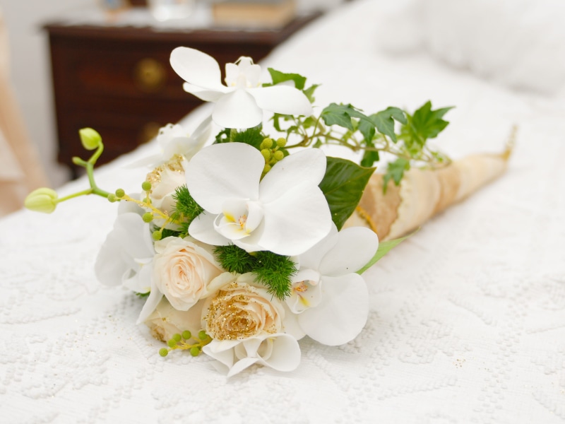 Wedding, focus on foreground, freshness, Commitment, beauty in nature, no people, Flowers, bouquet, petal, flower, vulnerability, bed, green, flower head