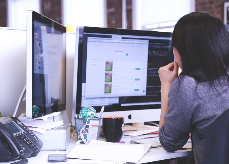 software, computer, technology, analyzing, screens, working, desktop pc, apple, one person, using computer, hairstyle, programming, coding, women, indoors