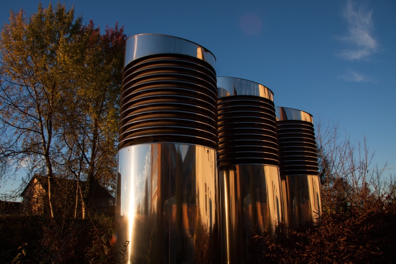 sunlight, 4K, low angle view, hydraulic diameter, plant, mirroring, reflexes, technology, ventilation pipes, autumn, city, silver colored, tree, air control systems
