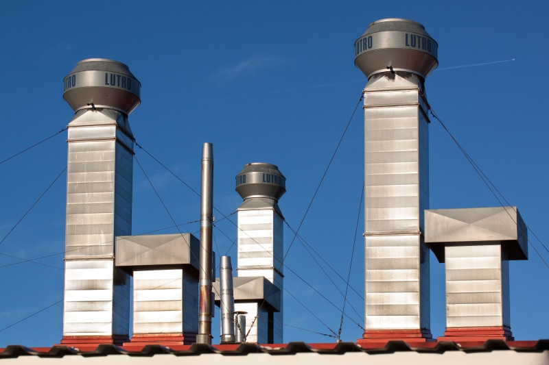 building, exhaust, air duct, ventilation pipes, building exterior, low angle view, no people, flow technology, 4K, city, day, architecture, hydraulic diameter