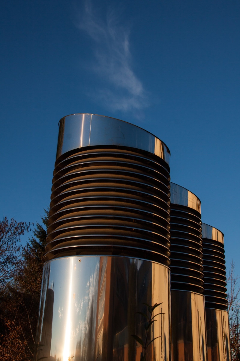 ventilation ducts, channels, office building exterior, Metal, low angle view, ventilation systems, flow technology, air duct, factory, outdoors, shiny