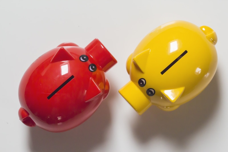 multi colored, income, yellow, 5K, two objects, capital, world savings day, cash injection, no people, indoors, order, thrift, euro, finance, studio shot