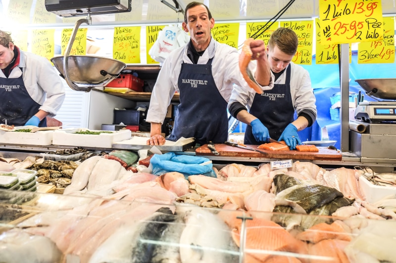 indoors, retail, raw food, food and drink, fishing industry, market, small business, occupation, netherlands, for sale, fish, business, sale, fish market