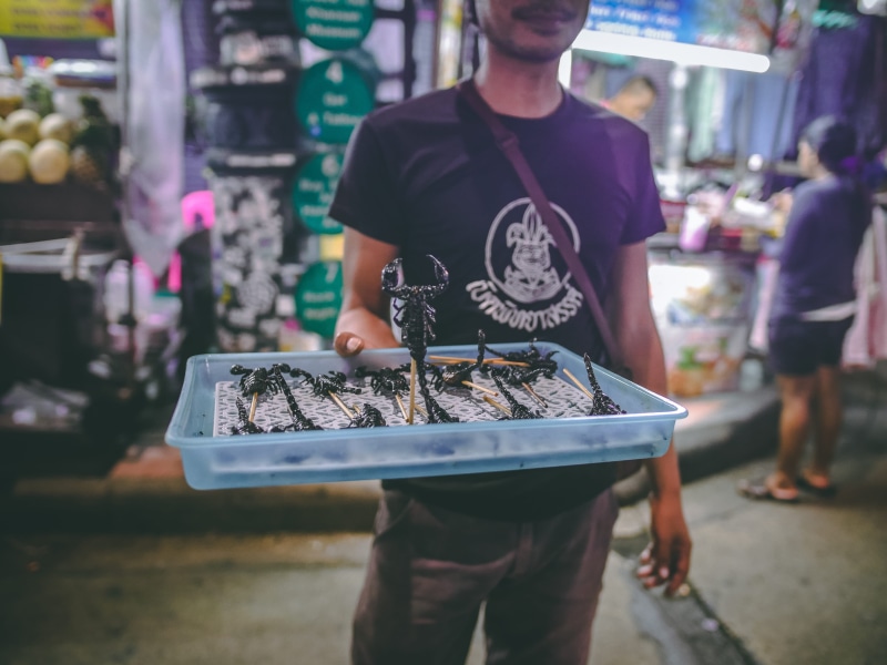 scorpion, man, 4K, city, street food, plastic, blue, for sale, food and drink, tray, freshness, focus on foreground, choice, rectangular, carrying, real people