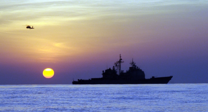 Action, bosphorus, helicopter, sea, sunset, silhouette, USS Chosin, 2K, boat, Task Force 151