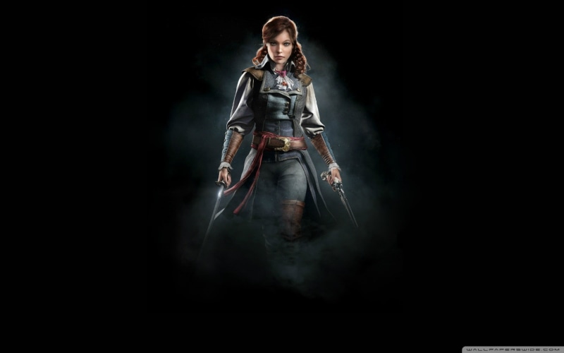 indoors, Assassins Creed, young adult, looking at camera, adult, females, front view, portrait, one person, holding, women, video games, studio shot, Assassins Creed: Unity