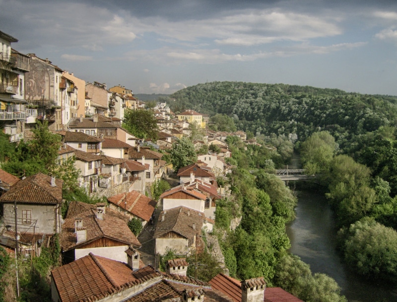 veliko turnover, outdoors, reflections, outside, roof tile, near, summer, buildings, bulgaria, day, spring, building, water, sky, woods, high angle view