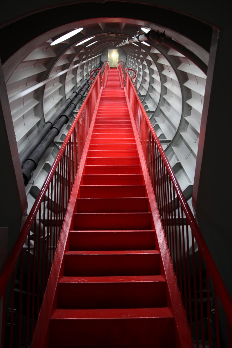 modern, worlds fair, diminishing perspective, low angle view, spiral, red, indoors, railing, brussels, illuminated, 2K, stairs, upward, the way forward