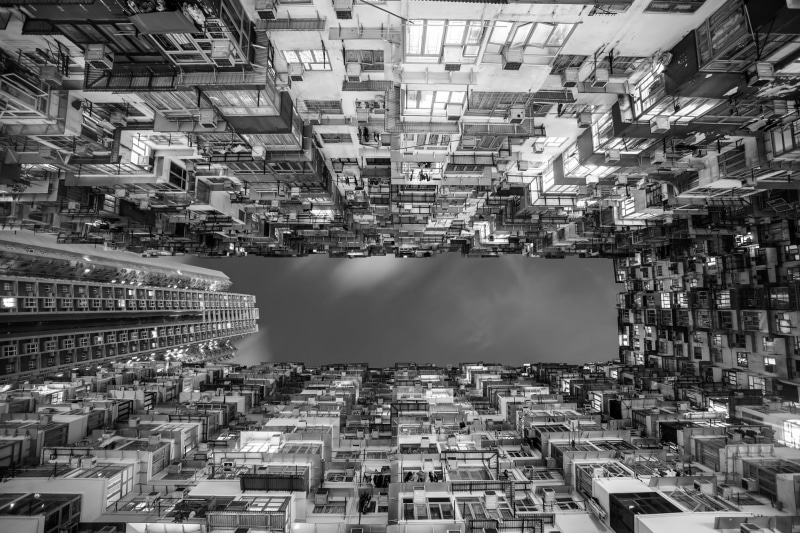 photo, window, low, cityscape, social issues, buildings, residence, upward, architecture, tall - high, skyscraper, apartments, city, grayscale, urban, angle