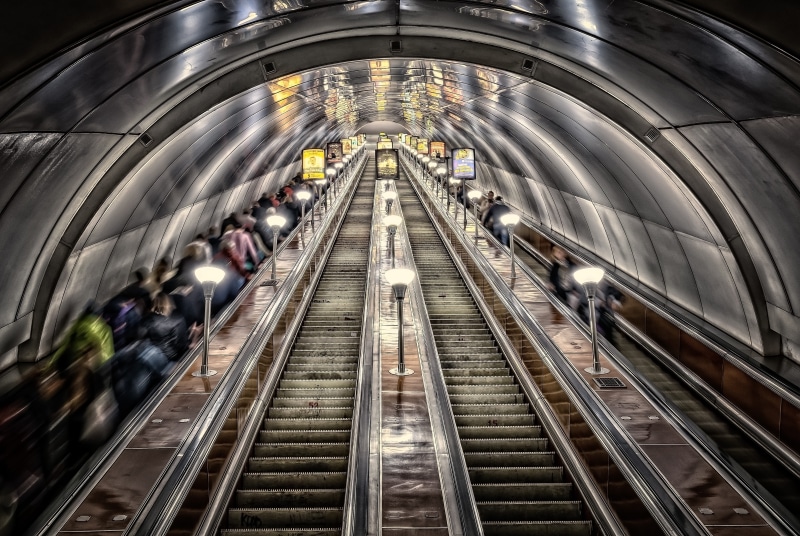5K, public transportation, lighting equipment, illuminated, tunnel, transport, escalator, st petersburg, high angle view, architecture, mode of transportation