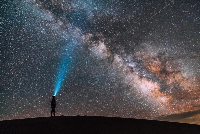 science, constellation, galaxy, star - space, star field, 4K, exploration, nature, man, astronomy, led, flashlight, looking, milky way, star, night, standing