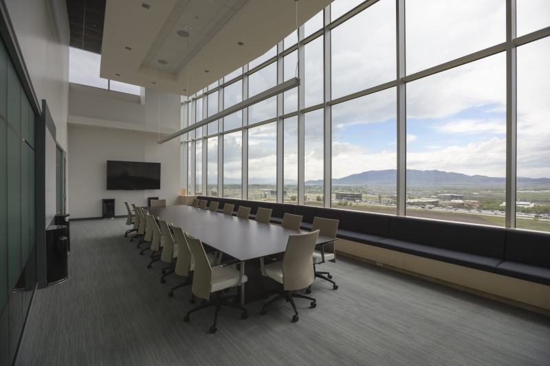 high-tech, chair, ceiling, absence, architecture, indoors, table, transparent, nature, day, 5K, sky, no people, conference room, domestic room, company