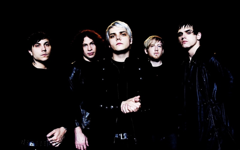 front view, females, band, standing, members, lifestyles, halloween, background, my chemical romance, young women, real people, dark, teenager, black Color