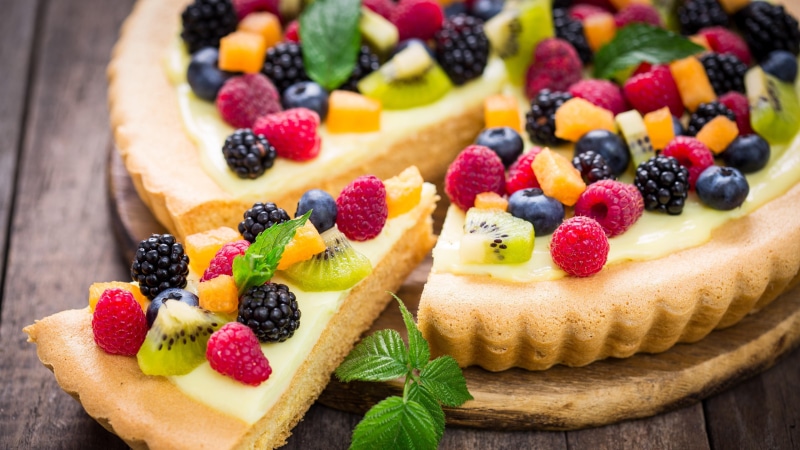 fruit tart, flavor, baked goods, baking, fruit, sponge cake, 4K, food, tart, fresh fruit tart, fruits, dessert, sponge, sweetness, pastry, frutti di bosco
