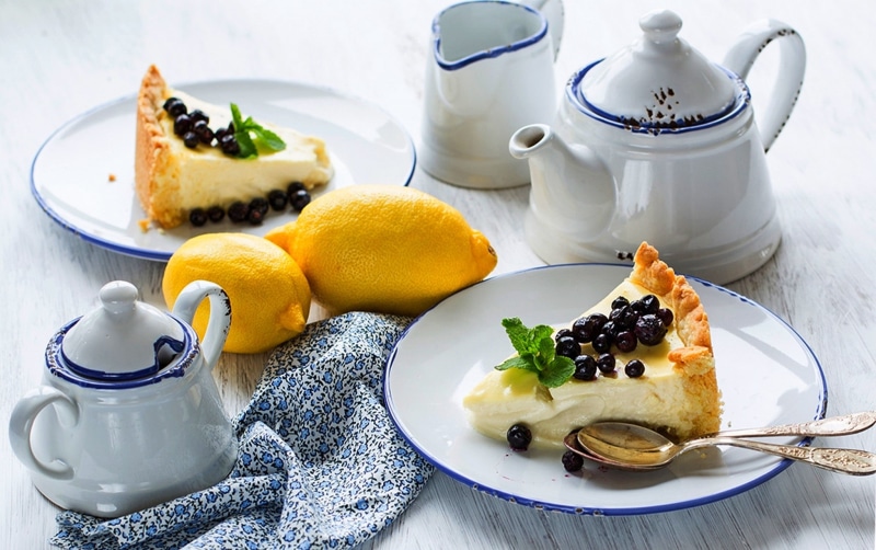 crockery, table, blueberry, drink, two, kitchen utensil, pie, 1080P, indoors, tea cup, breakfast, herb, spoon, fruit, healthy eating, still life, plate
