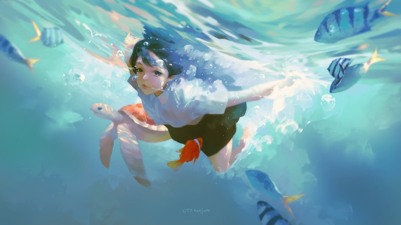 swimming, drawing, looking at viewer, Taejune Kim, underwater, water, fish, brunette, women, illustration, sea, artwork, bubbles, turtle, anime girls, 720P
