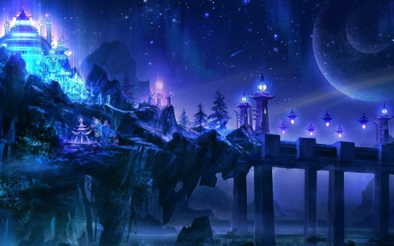 no people, nature, temple, landscape, night, purple, light - natural phenomenon, water, travel destinations, astronomy, sky, building exterior, 1080P
