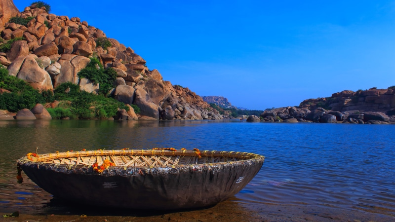water, reflection, outdoor, land, no people, asia, day, beach, round boat, boat, tranquil scene, rock - object, scenics - nature, landscape, sky, clear sky