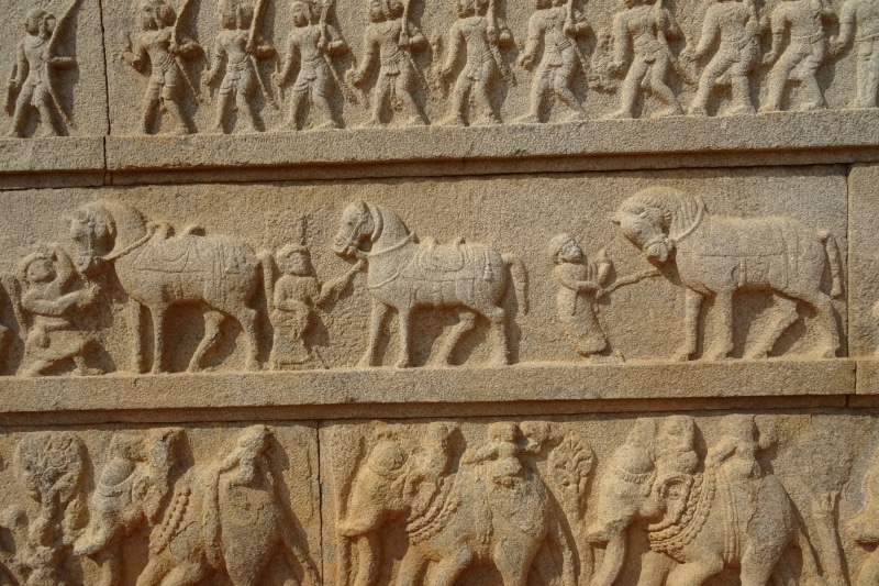 day, hazara rama temple, history, ancient, no people, male likeness, stone, wall, representation, temple, bas relief, the past, engraving, indian, monument