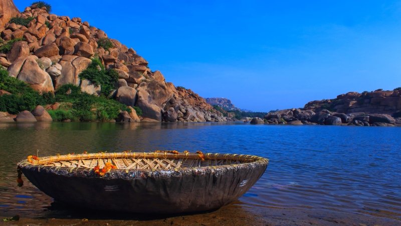 tungabhadra river, tranquil scene, river, tungabhadra, round boat, landscape, boat, land, bamboo boat, outdoors, scenics - nature, 5K, rock formation