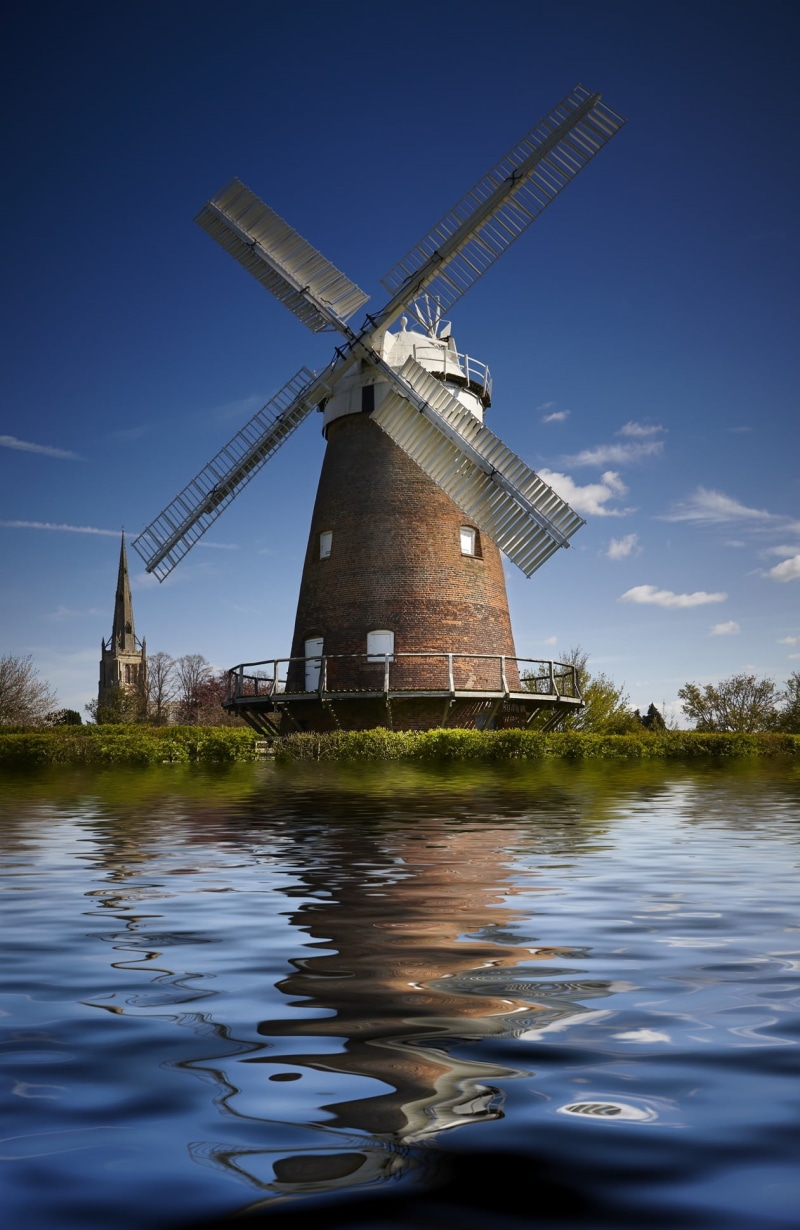 reflection, mill, water, netherlands, wind turbine, fuel and power generation, wind, church, river, outdoors, countryside, turbine, polder, environmental conservation
