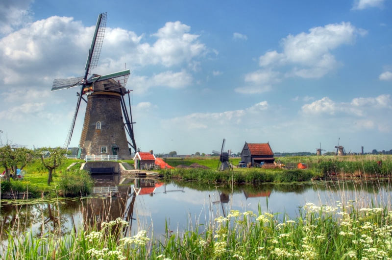 canal, Canon, f/4, sky, cloudy, dutch Culture, rural Scene, history, architecture, summer, 2K, windmill, landscape, river, netherlands, brown, green leaves