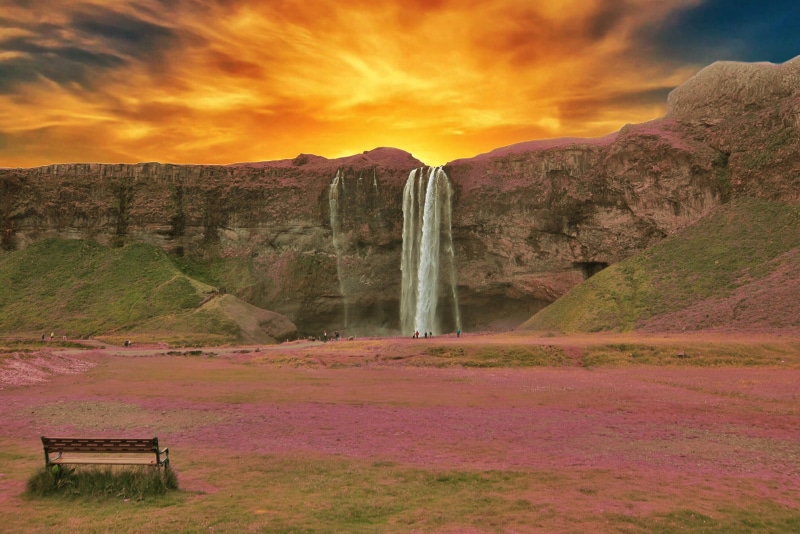 Waterfalls, Sea, waterfall, 2K, wooden, Historic, Route, View, grassland, Peaceful, Canon  Camera, Nature, Tranquility, Hiking, Beach, Seljalandsfoss