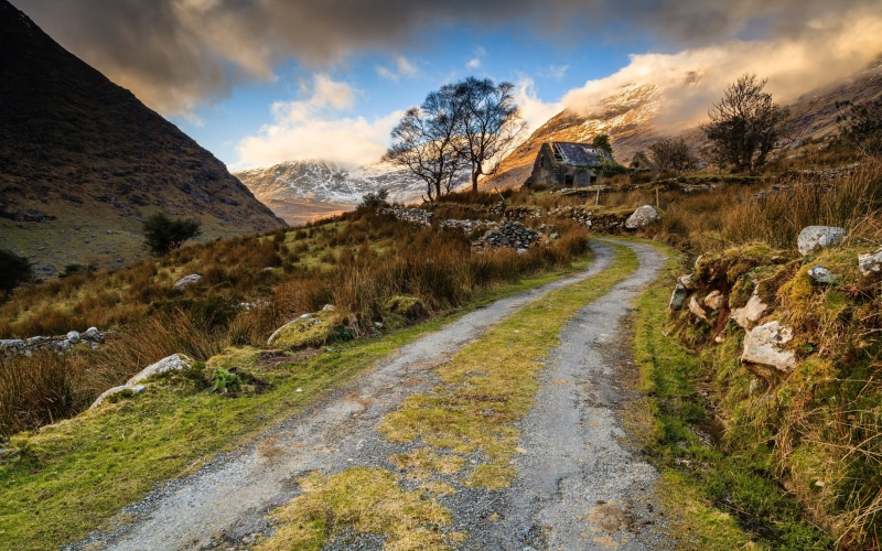 landmark, image, landscape, mountain, road, 1080P, hut, mountainside, nature, ruin, clouds, trees