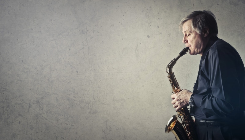 blue shirt, saxophone, one person, musician, senior adult, saxophonist, black, entertainment, music, casual clothing, adult, artist, performer, musical