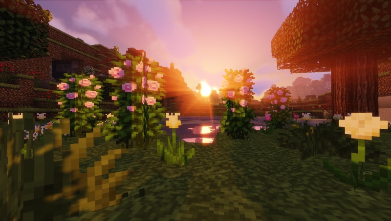 Bushes, PC gaming, building, video games, landscape, plants, pink, mill, dark, dog, mountains, clear sky, Sun, trees, fountain, house, screen shot, colorful