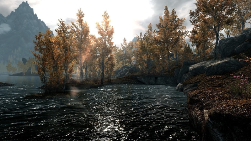 mountains, trees, The Elder Scrolls V: Skyrim, video games, landscape, Bethesda Softworks, 1080P, screen shot, lake, sun rays