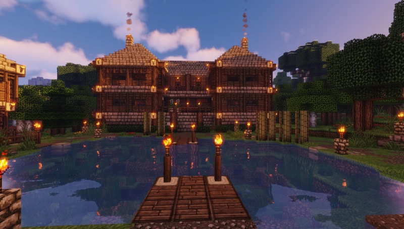 dark, 1080P, screen shot, fountain, PC gaming, trees, building, plants, Minecraft nether, mountains, pink, blue, Minecraft, green, dog, video games, water