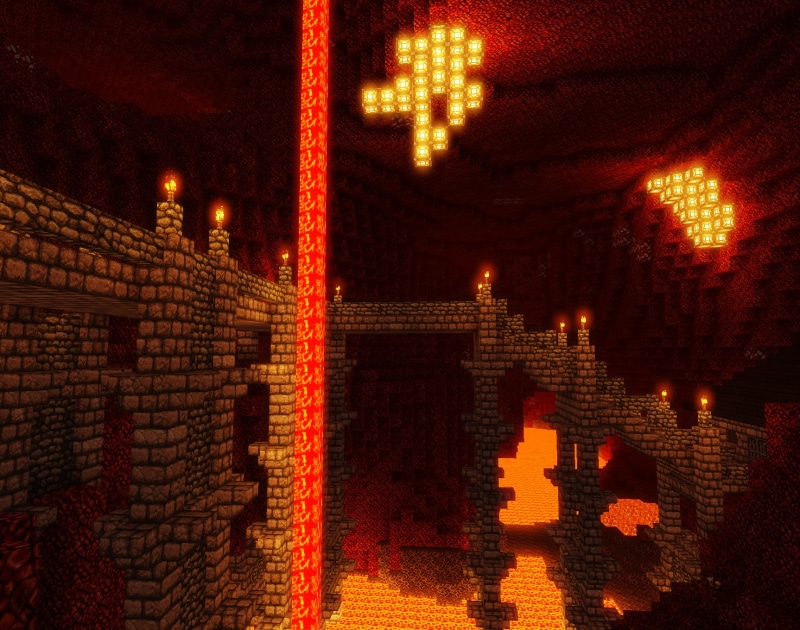 Minecraft nether, green, 720P, trees, house, pink, lava, PC gaming, Colorful leaves, screen shot, bridge, video games, building, flowers, forest, water