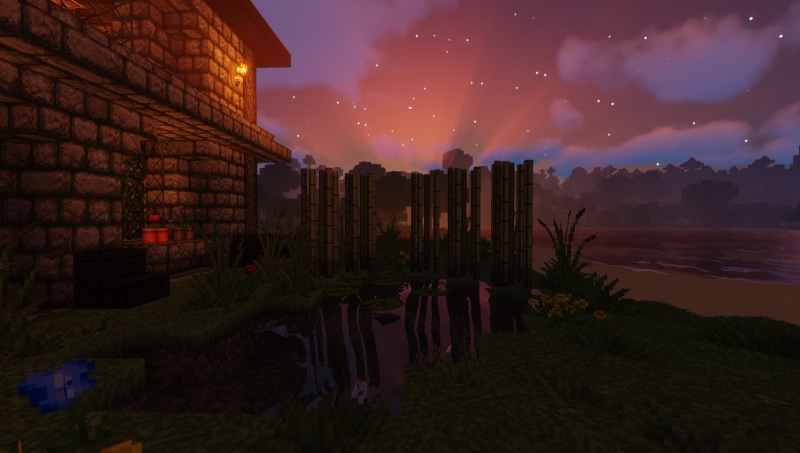 pink, Bushes, flowers, Minecraft, forest, dark, dog, clear sky, sunlight, water, fountain, trees, Sun, sky, PC gaming, mountains, Colorful leaves, blue