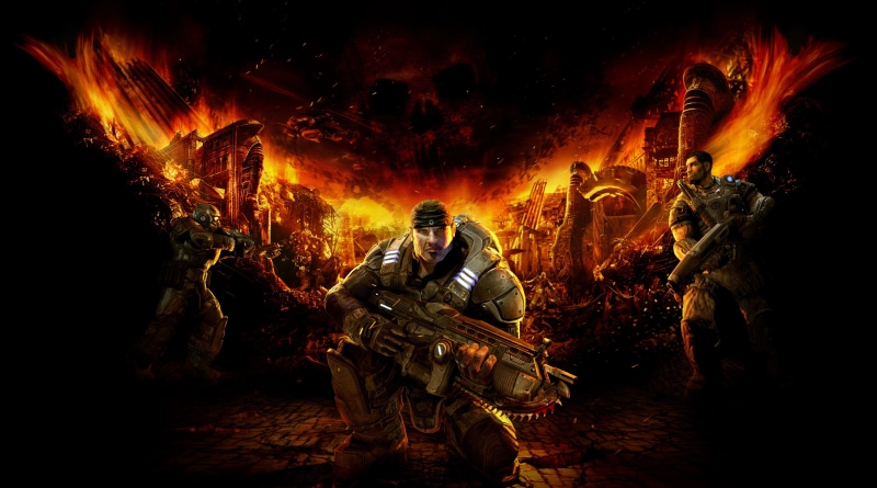Gears Of War, helmet, burning, fire - natural phenomenon, men, indoors, gears, communication, night, warning sign, 5K, front view, security, Fanart, adult