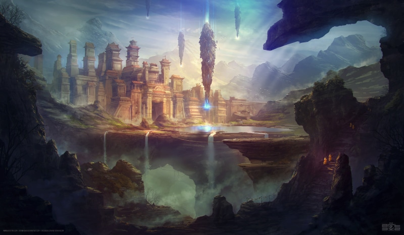 trees, sun rays, Asian architecture, cave, Byzwa Dher, rock, spaceship, futuristic, lake, lights, temple, digital art, waterfall, mountains, fantasy art