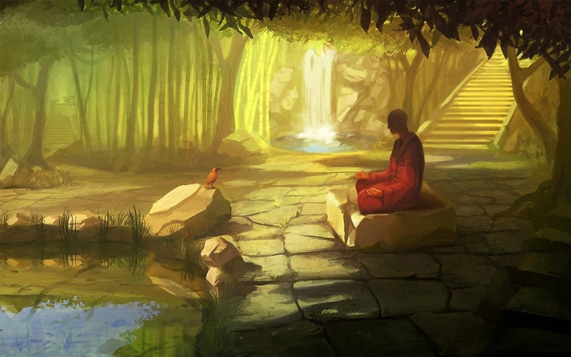 Monk, Bird, Waterfall, Artwork, Meditation, Digital Art, 2K, Artistic, Zen