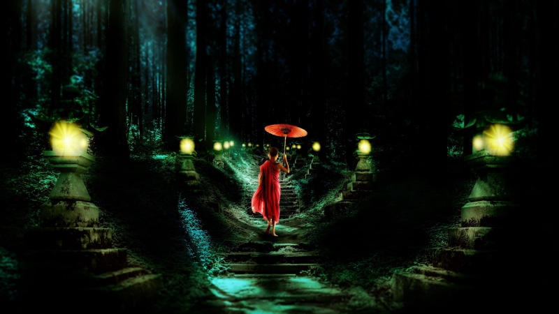 path, midnight, buddhist, lanterns, 4K, umbrella, young monk, religious, lighting, buddhism, light, darkness, buddhist monk, night, tree, stairs, forest