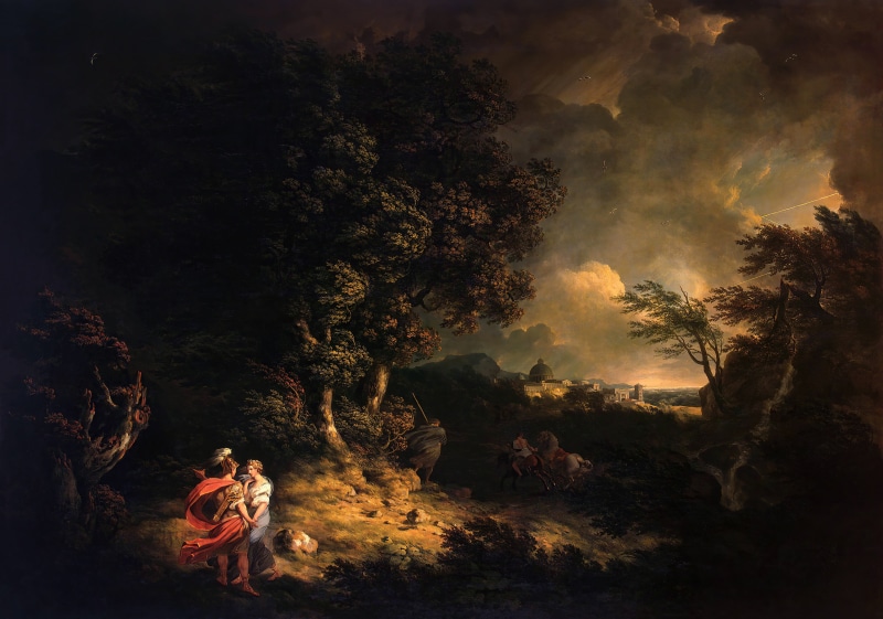 Roman mythology, Greek mythology, classic art, 4K, Thomas Jones, painting, Aeneas, Landscape with Dido and Aeneas