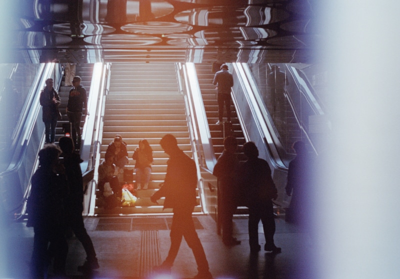 underground, light leaks, stachus, walking, silhouette, münchen, germany, city life, crowd, adult, women, city, stairs, escalator, modern, built structure