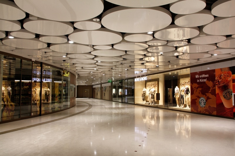 electric light, flooring, modern, tile, empty, geometric, horizontal, stachus, retail, in a row, symmetry, built structure, indoors, industry, the way forward